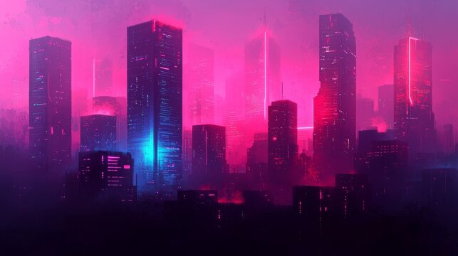 Futuristic city skyline illuminated in pink and blue neon lights at night.