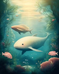 Fototapeta premium Fuzzy delicate digital illustration Two prehistoric fish swimming peacefully in a sunlit prehistoric ocean full of life. This illustration evokes peace and serenity