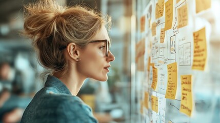 Focused professional analyzing sticky notes on office wall for planning and brainstorming. Business ideas strategy and project management concept.