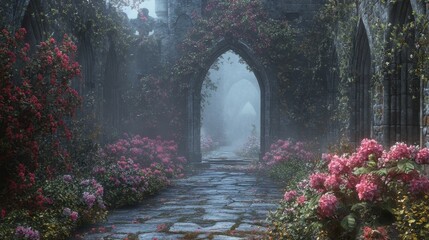 Fototapeta premium Stone Archway Leading to a Foggy Path Through a Garden