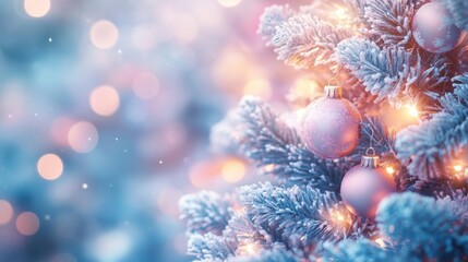 Fototapeta premium Illustration of a festive New Year's tree, soft pastel background, ornaments and lights, gentle glow, ample copy space for text.