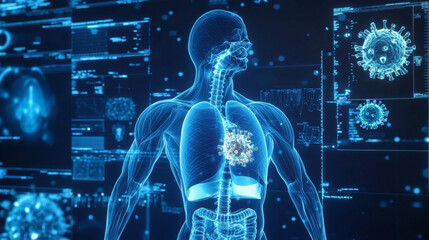 A blue illustration showing a 3D human body undergoing X-ray and MRI scans. The image highlights the lungs and bacteria, showcasing how technology helps diagnose COVID-19.