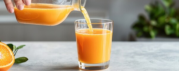 Fresh orange juice being poured from a pitcher into a glass, accompanied by a halved orange and green foliage in a bright, modern kitchen setting.