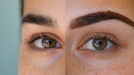 Fototapeta premium Before and after henna eyebrow dyeing, a close-up collage. -