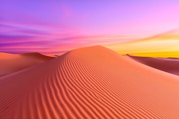Naklejka premium A Desert Landscape at Dusk With Rolling Sand Dunes and a Dramatic, Colorful Sky Filled With Warm Oranges and Purples, High Resolution Wallpaper or Background