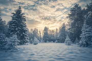 Fototapeta premium A Frosty Winter Scene With Snow-covered Pine Trees, a Soft Blanket of Snow on the Ground, and a Cloudy Sky, High Resolution Wallpaper or Background