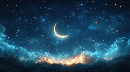 Fototapeta premium Illustration of a starry night with a new year moon, dark blue background, twinkling stars, dreamy feel, ample copy space.