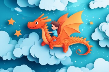 A young boy riding a friendly dragon through a dreamy sky filled with fluffy clouds and sparkling stars at night