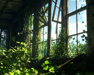 Fototapeta premium Overgrown windows adorned with lush vines, showcasing nature's reclaiming power.