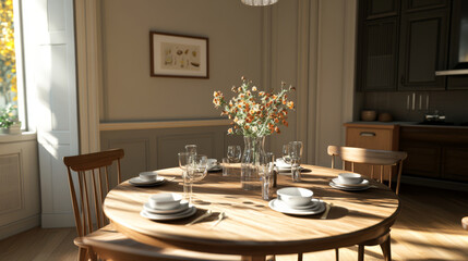 A beautifully arranged dining table with vase of flowers, surrounded by elegant tableware, creates warm and inviting atmosphere perfect for gatherings