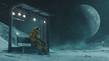 Moonlit astronaut waiting at futuristic bus stop