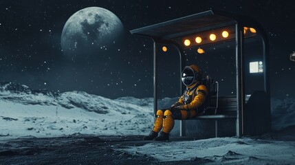 Cosmic solitude: space explorer at night bus stop.