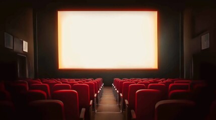 Empty cinema hall with rows of red seats facing a large glowing screen, set in a dimly lit theater, evoking a sense of anticipation and cinematic experience.