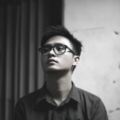 Obraz premium Thoughtful Portrait of a Young Man in Black and White