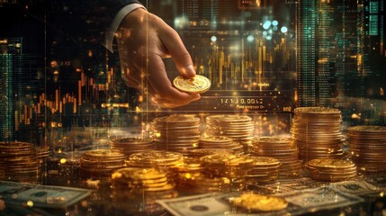 Stacks of Bitcoins and dollars with digital graph overlay