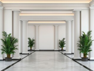 Corporate bank entrance adorned with art deco details, framed by grand pillars and modern lighting