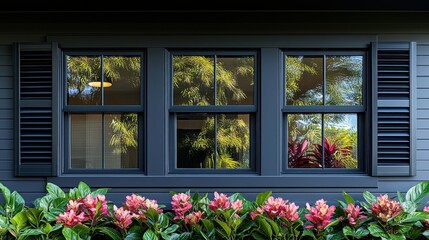 Dark Grey Exterior with Multiple Paned Windows and Lush Foliage