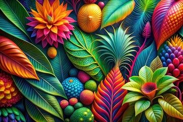 Naklejka premium Colorful tropical abstract art with striking hues and natural shapes draws inspiration from natureâ€™s beauty, offering a fresh and lively visual expression that captivates the eye.