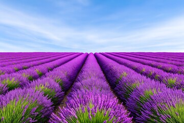 Naklejka premium A Lush Field of Lavender With Rows of Purple Flowers Stretching Into the Horizon Under a Bright Summer Sky, High Resolution Wallpaper or Background