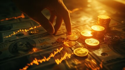 Hand reaching for Bitcoin coins and dollar bills