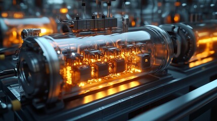 Close-up of hydrogen fuel cell technology with glowing internal components in a futuristic industrial setting. Advanced energy and sustainable power generation concept.