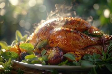 Close-up hyperrealistic shot of a grilled turkey with herbs and vegetables, warm lighting highlighting the juicy texture and steam rising from the golden skin, with fresh herb garnish
