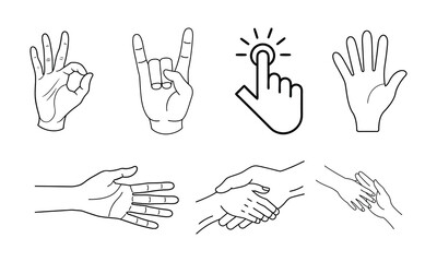 set of hand gestures.Hand Signs and Expressions Vector - Pointing Fingers, OK Symbol, Handshake, Click Gesture, Rock Hand - Line Art Drawings on White Background