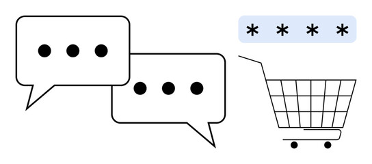 Shopping concept. Conversation bubbles and a shopping cart with password protection symbols highlight online customer service, digital transactions, and secure shopping. Ideal for e-commerce