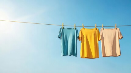 A colorful array of clothes drying on a line against a clear blue sky, gentle wind blowing, clothesline outdoors, natural and ecofriendly living