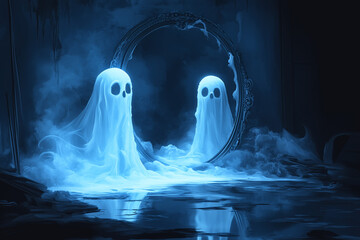 Haunted mirror with ghostly reflections