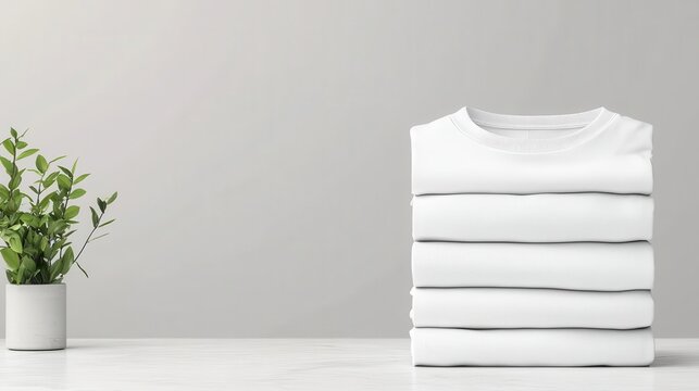 A fresh stack of white tshirts folded on a clean counter, minimalist laundry, simplicity and purity