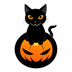 A cat sitting on a pumpkin with glowing eyes silhouette vector illustration on white background