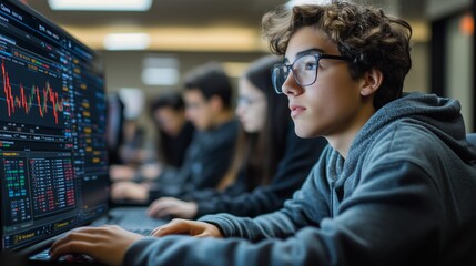 Teenage student focused on financial market analysis using an online trading platform in a classroom, highlighting learning and investment skills development.