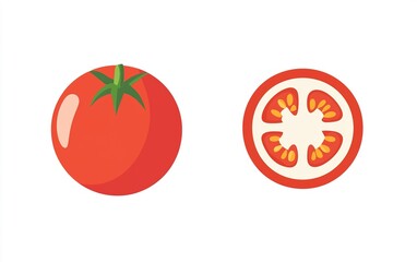 Fresh tomato and sliced tomato halves displayed side by side on a clean white background showcasing their vibrant colors and textures