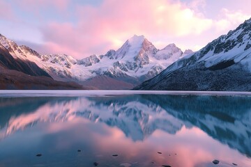 Fototapeta premium A Serene Mountain Lake With Crystal-clear Water Reflecting Snow-capped Peaks and a Soft Pastel Sunrise Sky, High Resolution Wallpaper or Background