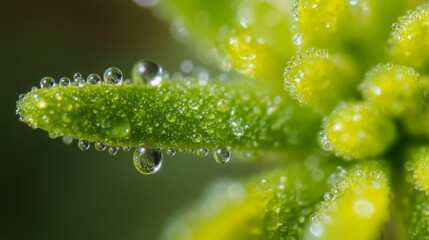 A close-up view of a green plant, showing the intricate details of its structure.  Tiny droplets of morning dew sparkle on a blade of grass.