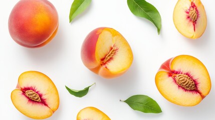 A ripe peach with leaf on a white background, surrounded by peach slices. There is a clipping path included in the file.