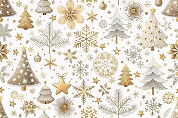 Delicate festive holiday outline illustrations of snowflakes, trees, bells, and stars on a soft white background,