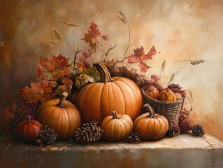 Autumn harvest arrangement featuring pumpkins and decorative elements on a textured surface with a warm backdrop