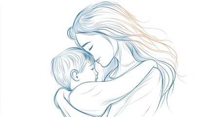 Mom hugging her child in simple line art, representing motherhood. 