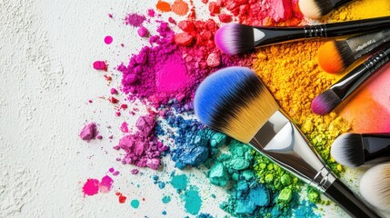 A variety of colorful makeup brushes and bright pigments scattered on a white surface, perfect for a beauty tutorial emphasizing bold and creative looks.
