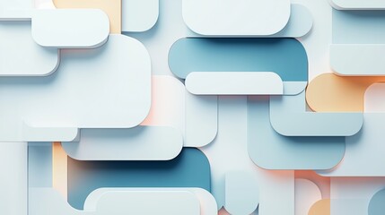 Abstract layered geometric shapes with rounded edges in blue, white, and peach tones. Modern 3D composition for digital backgrounds and design elements.