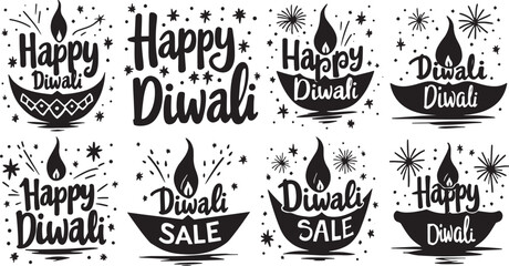 Fototapeta premium Happy Diwali calligraphy lettering set. Handwritten text for greeting cards, posters, banners, flyers, and party invitations. Vector illustration