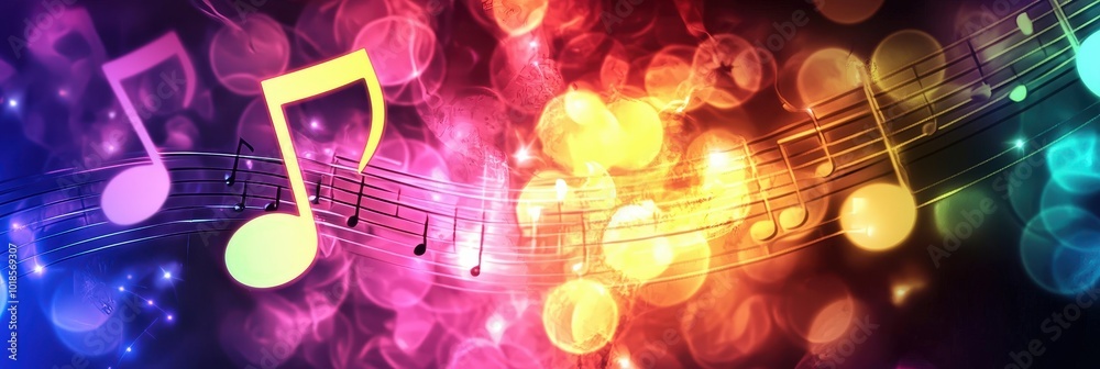 Aufkleber floating musical notes are surrounded by a vibrant swirl of colors and glowing lights, creating an e
