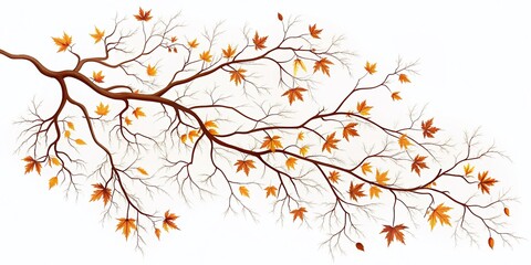 Delicate, intricate silhouette of a bare fall twig with branching limbs and leaves, isolated on a white background,