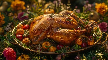 High-quality wide shot of a Thanksgiving table with a perfectly grilled turkey centerpiece, festive decorations, and soft lighting to enhance the cozy atmosphere
