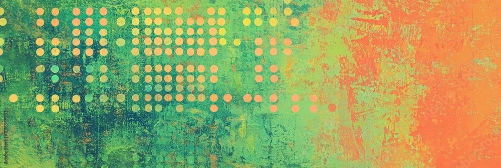 Poster A colorful abstract artwork showcases a pattern of dots in yellow and green hues against a textured orange background, exuding energy and creativity