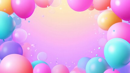A vibrant, colorful birthday background with an assortment of balloons in pastel and neon shades, with space in the center for a message.