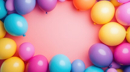 A vibrant, colorful birthday background with an assortment of balloons in pastel and neon shades, with space in the center for a message.