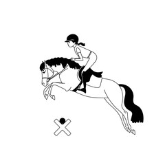 Equestrian jumping illustration with rider on horse in mid-air, wearing helmet and equestrian gear